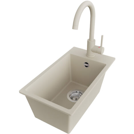 PRIMAGRAN Evier Cuisine en Granit 28x50cm,Lavabo 1 bac + Robinet 32x20cm + Kit de Vidage, Évier à Encastrer au meuble 30cm - Riga, Beige (1/5)