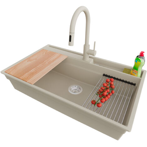 PRIMAGRAN Evier Cuisine en Granit 88x53cm,Lavabo 1 bac + Robinet 40x20cm + Kit de Vidage + Accessoires, Évier à Encastrer au meuble 90cm - Oslo Pocket, Beige (1/5)