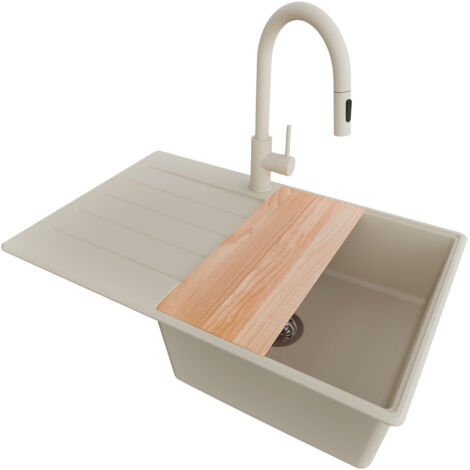 PRIMAGRAN Evier Cuisine en Granit 78x50cm, Lavabo 1 bac + Robinet 40x20cm + Kit de Vidage + Accessoire, Évier à Encastrer au meuble 50cm - Copenhague, Beige (1/5)