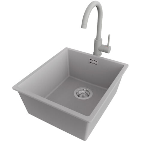 PRIMAGRAN Evier Sous Plan 41x47cm,Evier en Granit 1 bac + Robinet 32x20cm + Kit de Vidage, Évier au meuble 45cm - London, Gris (1/5)