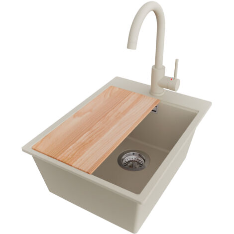 PRIMAGRAN Evier Cuisine en Granit 38x50cm,Lavabo 1 bac + Robinet 32x20cm + Kit de Vidage + Planche à Découper, Évier à Encastrer au meuble 40cm - Oslo, Beige (1/5)