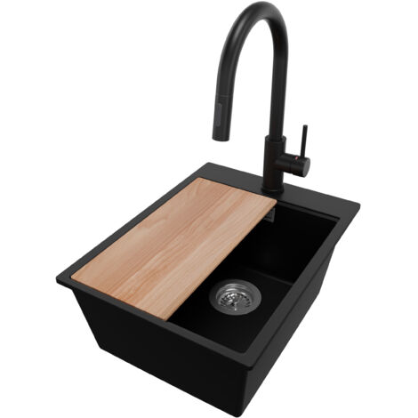 PRIMAGRAN Evier Cuisine en Granit 38x50cm,Lavabo 1 bac + Robinet 40x20cm + Kit de Vidage + Planche à Découper, Évier à Encastrer au meuble 40cm - Oslo, Noir (1/5)
