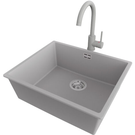 PRIMAGRAN Evier Cuisine en Granit 56x47cm,Lavabo 1 bac + Robinet 32x20cm + Kit de Vidage, Évier à Encastrer au meuble 60cm - London Slim, Gris (1/5)