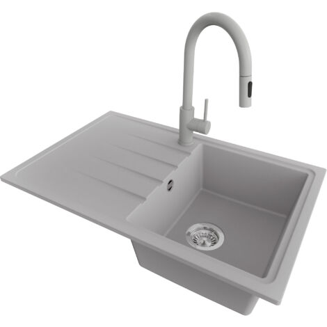 PRIMAGRAN Evier Cuisine en Granit 78x50cm,Lavabo 1 bac + Robinet 40x20cm + Kit de Vidage, Évier à Encastrer au meuble 45cm - Milan, Gris (1/5)