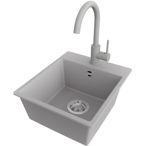 PRIMAGRAN Evier Cuisine en Granit 38x44cm,Lavabo 1 bac + Robinet 32x20cm + Kit de Vidage, Évier à Encastrer au meuble 40cm - Riga Easy, Gris (1/5)