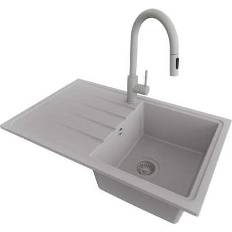 PRIMAGRAN Evier Cuisine en Granit 78x50cm,Lavabo 1 bac + Robinet 40x20cm + Kit de Vidage, Évier à Encastrer au meuble 45cm - Milan, Gris (1/5)