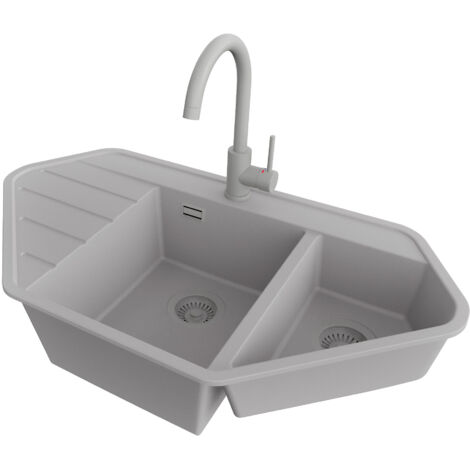 PRIMAGRAN Evier d'angle en Granit 90x50cm,Lavabo Cuisine 1,5 bacs + Robinet 32x20cm + Kit de Vidage, Évier à Encastrer au meuble 70cm - Copenhague Corner, Gris (1/5)