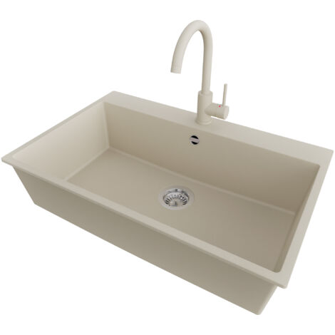 PRIMAGRAN Evier Cuisine en Granit 78x50cm,Lavabo 1 bac + Robinet 32x20cm + Kit de Vidage, Évier à Encastrer au meuble 80cm - Riga, Beige (1/5)