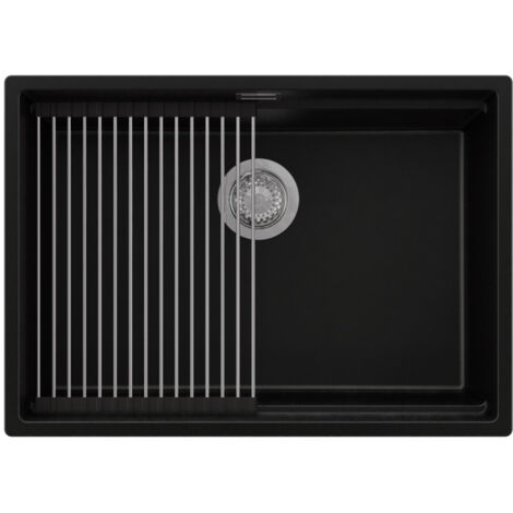 PRIMAGRAN Evier Cuisine en Granit 66x47cm,Lavabo 1 bac + Kit de Vidage + Égouttoir Enroulable, Évier à Encastrer au meuble 70cm - Prague Slim, Noir (1/5)