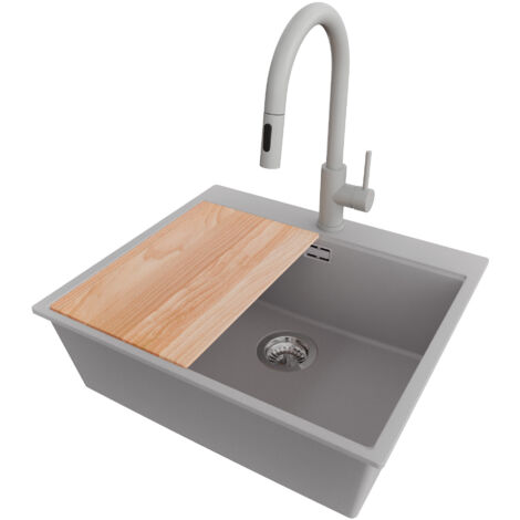 PRIMAGRAN Evier Cuisine en Granit 58x50cm,Lavabo 1 bac + Robinet 40x20cm + Kit de Vidage + Planche à Découper, Évier à Encastrer au meuble 60cm - Oslo, Gris (1/5)