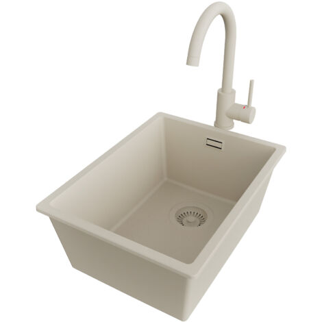 PRIMAGRAN Evier Cuisine en Granit 36x47cm,Lavabo 1 bac + Robinet 32x20cm + Kit de Vidage, Évier à Encastrer au meuble 40cm - London Slim, Beige (1/5)