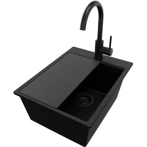 PRIMAGRAN Evier Cuisine en Granit 38x50cm, Lavabo 1 bac + Robinet 32x20cm + Kit de Vidage + Accessoire, Évier à Encastrer au meuble 40cm - Oslo, Tout Noir (1/5)