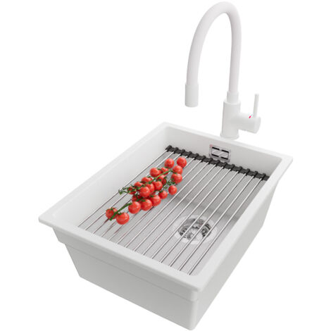 PRIMAGRAN Evier Cuisine en Granit 36x47cm, Lavabo 1 bac + Robinet 38x14cm + Kit de Vidage + Accessoire, Évier à Encastrer au meuble 40cm - Prague Slim, Blanc (1/5)
