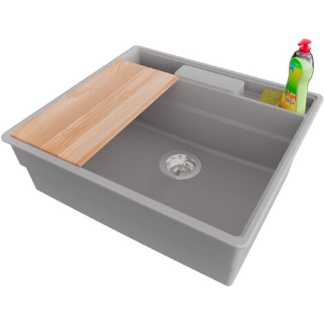 PRIMAGRAN Evier Cuisine en Granit 58x53cm,Lavabo 1 bac + Kit de Vidage + Accessoires, Évier à Encastrer au meuble 60cm - New York, Gris (1/5)