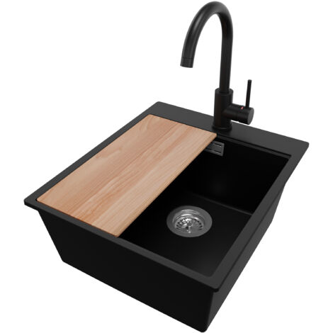PRIMAGRAN Evier Cuisine en Granit 43x50cm,Lavabo 1 bac + Robinet 32x20cm + Kit de Vidage + Planche à Découper, Évier à Encastrer au meuble 45cm - Oslo, Noir (1/5)