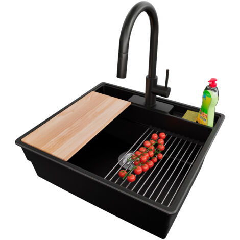 PRIMAGRAN Evier Cuisine en Granit 58x53cm,Lavabo 1 bac + Robinet 40x20cm + Kit de Vidage + Accessoires, Évier à Encastrer au meuble 60cm - New York, Noir (1/5)