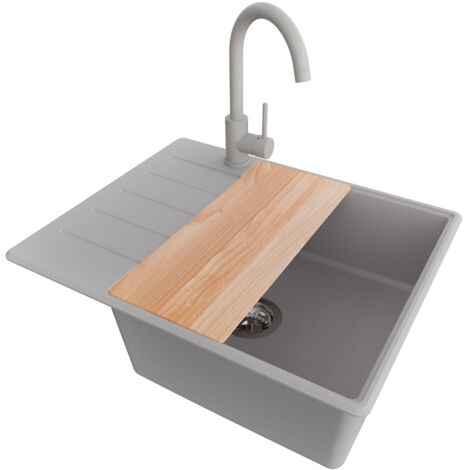 PRIMAGRAN Evier Cuisine en Granit 62x50cm, Lavabo 1 bac + Robinet 32x20cm + Kit de Vidage + Accessoire, Évier à Encastrer au meuble 50cm - Copenhague, Gris (1/5)