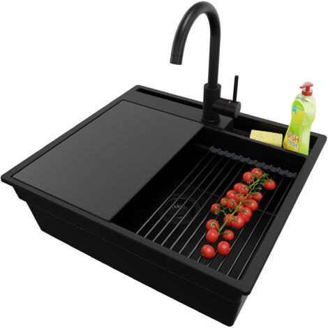 PRIMAGRAN Evier Cuisine en Granit 58x53cm, Lavabo 1 bac + Kit de Vidage + Accessoire, Évier à Encastrer au meuble 60cm - Oslo Pocket, Tout Noir (1/5)