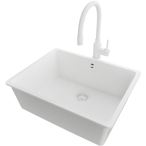 PRIMAGRAN Evier Sous Plan 56x44cm,Evier en Granit 1 bac + Robinet 38x14cm + Kit de Vidage, Évier au meuble 60cm - Venise Easy, Tout Blanc (1/5)