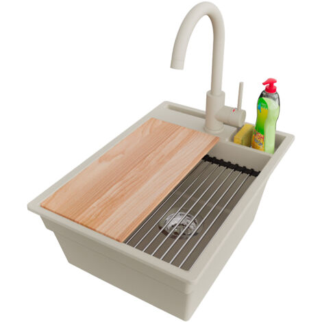 PRIMAGRAN Evier Cuisine en Granit 38x53cm,Lavabo 1 bac + Robinet 32x20cm + Kit de Vidage + Accessoires, Évier à Encastrer au meuble 40cm - Oslo Pocket, Beige (1/5)