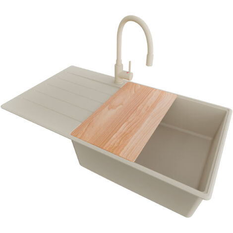 PRIMAGRAN Evier Cuisine en Granit 90x50cm, Lavabo 1 bac + Robinet 38x14cm + Kit de Vidage + Accessoire, Évier à Encastrer au meuble 60cm - Copenhague, Beige (1/5)