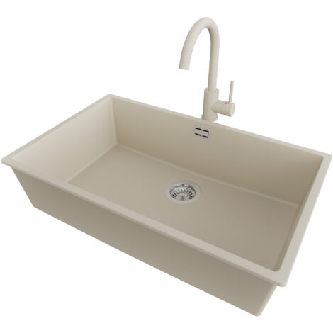 PRIMAGRAN Evier Cuisine en Granit 76x47cm,Lavabo 1 bac + Robinet 32x20cm + Kit de Vidage, Évier à Encastrer au meuble 80cm - London Slim, Beige (1/5)