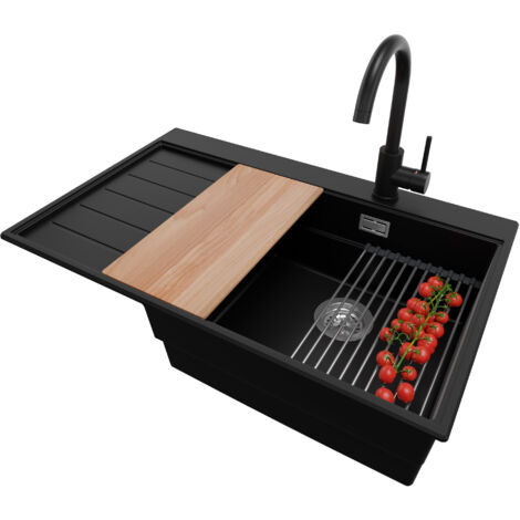 PRIMAGRAN Evier Cuisine en Granit 78x50cm,Lavabo 1 bac + Robinet 32x20cm + Kit de Vidage + Accessoires, Évier à Encastrer au meuble 50cm - Sydney, Noir (1/5)