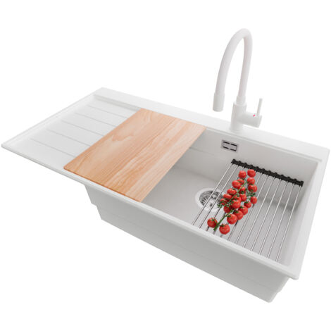 PRIMAGRAN Evier Cuisine en Granit 90x50cm,Lavabo 1 bac + Robinet 38x14cm + Kit de Vidage + Accessoires, Évier à Encastrer au meuble 60cm - Sydney, Blanc