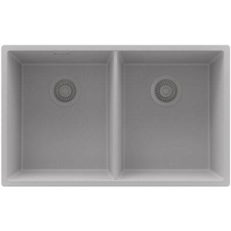 PRIMAGRAN Evier Cuisine en Granit 76x47cm,Lavabo 2 bacs + Kit de Vidage, Évier à Encastrer au meuble 80cm - London Slim Twin, Gris (1/5)