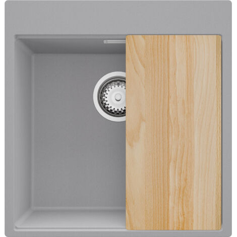 PRIMAGRAN Evier Cuisine en Granit 48x50cm,Lavabo 1 bac + Kit de Vidage + Planche à Découper, Évier à Encastrer au meuble 50cm - Oslo, Gris (1/5)