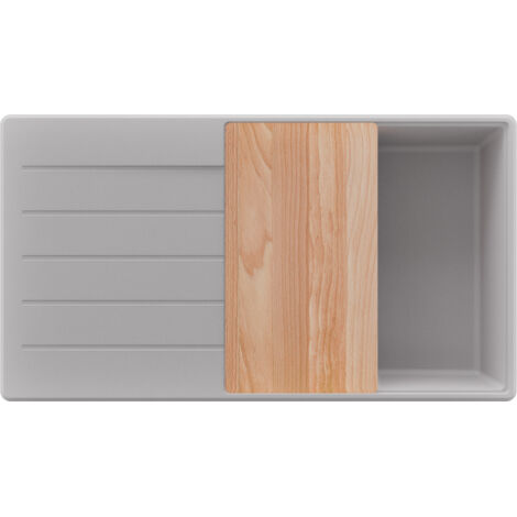 PRIMAGRAN Evier Cuisine en Granit 90x50cm,Lavabo 1 bac + Kit de Vidage + Planche à Découper, Évier à Encastrer au meuble 60cm - Copenhague, Gris (1/5)