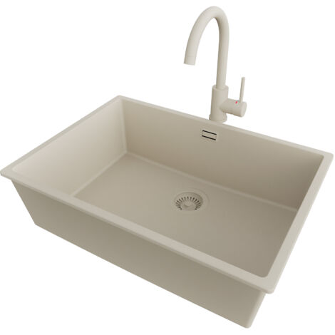 PRIMAGRAN Evier Cuisine en Granit 66x47cm,Lavabo 1 bac + Robinet 32x20cm + Kit de Vidage, Évier à Encastrer au meuble 70cm - London Slim, Beige (1/5)