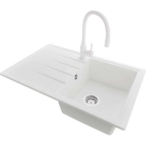 PRIMAGRAN Evier Cuisine en Granit 78x50cm,Lavabo 1 bac + Robinet 38x14cm + Kit de Vidage, Évier à Encastrer au meuble 45cm - Milan, Blanc (1/5)