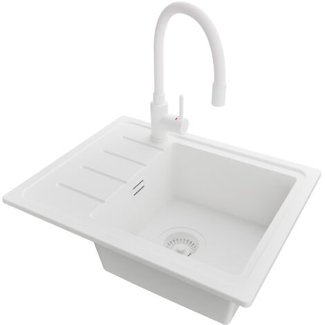 PRIMAGRAN Evier Cuisine en Granit 55x44cm,Lavabo 1 bac + Robinet 38x14cm + Kit de Vidage, Évier à Encastrer au meuble 45cm - Copenhague Easy, Tout Blanc (1/5)