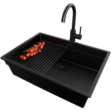 PRIMAGRAN Evier Sous Plan 66x47cm,Evier en Granit 1 bac + Robinet 32x20cm + Kit de Vidage + Égouttoir Enroulable, Évier au meuble 70cm - Prague, Tout Noir (1/5)