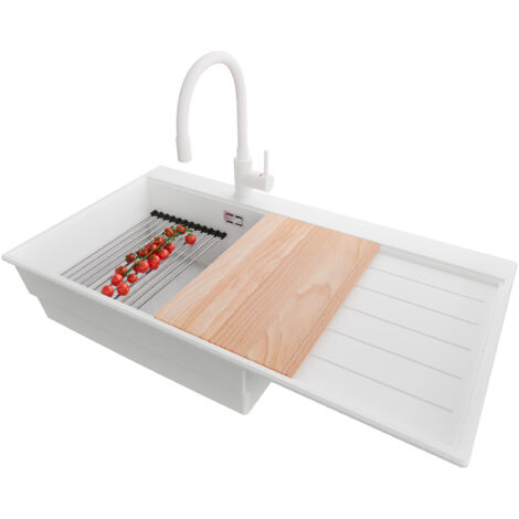 PRIMAGRAN Evier Cuisine en Granit 90x50cm,Lavabo 1 bac + Robinet 38x14cm + Kit de Vidage + Accessoires, Évier à Encastrer au meuble 60cm - Sydney, Blanc