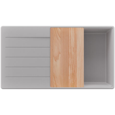 PRIMAGRAN Evier Cuisine en Granit 90x50cm,Lavabo 1 bac + Kit de Vidage + Planche à Découper, Évier à Encastrer au meuble 60cm - Copenhague, Gris (1/5)