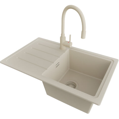 PRIMAGRAN Evier Cuisine en Granit 70x44cm,Lavabo 1 bac + Robinet 38x14cm + Kit de Vidage, Évier à Encastrer au meuble 45cm - Copenhague Easy, Beige