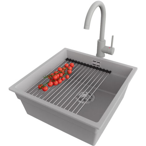 PRIMAGRAN Evier Cuisine en Granit 46x47cm, Lavabo 1 bac + Robinet 32x20cm + Kit de Vidage + Accessoire, Évier à Encastrer au meuble 50cm - Prague Slim, Gris (1/5)