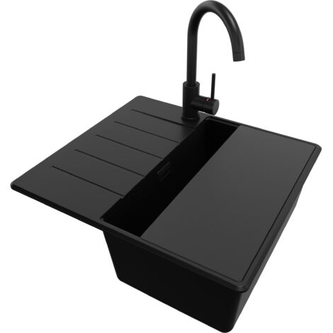 PRIMAGRAN Evier Cuisine en Granit 55x50cm, Lavabo 1 bac + Kit de Vidage + Accessoire, Évier à Encastrer au meuble 40cm - Copenhague, Tout Noir (1/5)