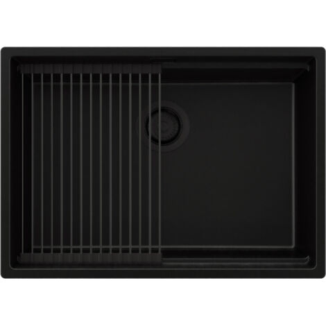 PRIMAGRAN Evier Cuisine en Granit 66x47cm,Lavabo 1 bac + Kit de Vidage + Égouttoir Enroulable, Évier à Encastrer au meuble 70cm - Prague Slim, Tout Noir (1/5)