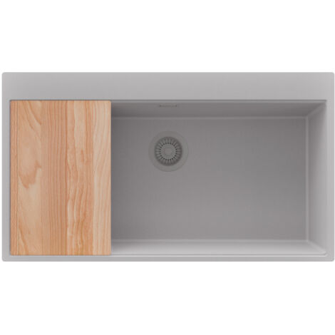 PRIMAGRAN Evier Cuisine en Granit 88x50cm,Lavabo 1 bac + Kit de Vidage + Planche à Découper, Évier à Encastrer au meuble 90cm - Oslo, Gris