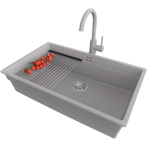 PRIMAGRAN Evier Sous Plan 76x47cm,Evier en Granit 1 bac + Robinet 32x20cm + Kit de Vidage + Égouttoir Enroulable, Évier au meuble 80cm - Prague, Gris (1/5)