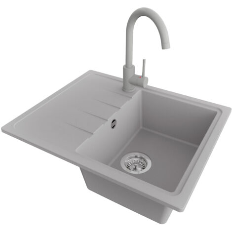 PRIMAGRAN Evier Cuisine en Granit 62x50cm,Lavabo 1 bac + Robinet 32x20cm + Kit de Vidage, Évier à Encastrer au meuble 40cm - Milan, Gris (1/5)
