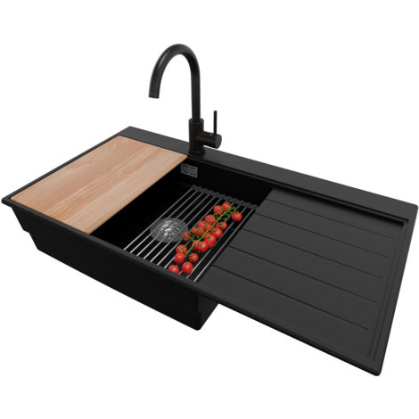 PRIMAGRAN Evier Cuisine en Granit 90x50cm,Lavabo 1 bac + Robinet 32x20cm + Kit de Vidage + Accessoires, Évier à Encastrer au meuble 60cm - Sydney, Noir (1/5)