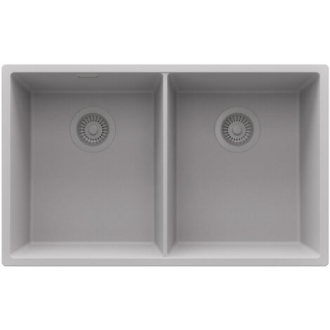 PRIMAGRAN Evier Sous Plan 76x47cm,Evier en Granit 2 bacs + Kit de Vidage, Évier au meuble 80cm - London Twin, Gris (1/5)
