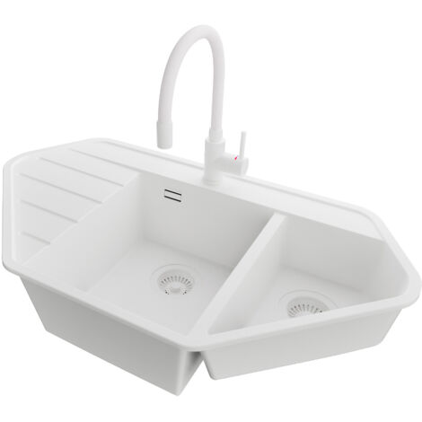 PRIMAGRAN Evier d'angle en Granit 90x50cm, Lavabo Cuisine 1,5 bacs + Kit de Vidage + Accessoire, Évier à Encastrer au meuble 70cm, Tout Blanc (1/5)