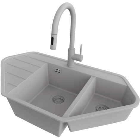 PRIMAGRAN Evier d'angle en Granit 90x50cm,Lavabo Cuisine 1,5 bacs + Robinet 40x20cm + Kit de Vidage, Évier à Encastrer au meuble 70cm - Copenhague Corner, Gris (1/5)