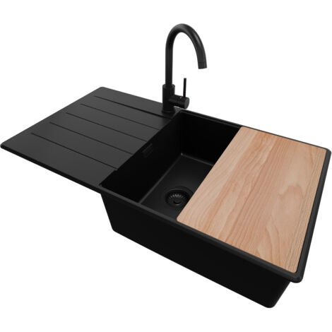 PRIMAGRAN Evier Cuisine en Granit 90x50cm, Lavabo 1 bac + Kit de Vidage + Accessoire, Évier à Encastrer au meuble 60cm - Copenhague, Tout Noir (1/5)