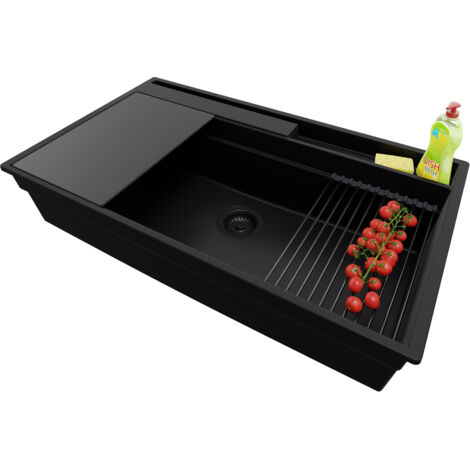 PRIMAGRAN Evier Cuisine en Granit 88x53cm,Lavabo 1 bac + Kit de Vidage + Accessoires, Évier à Encastrer au meuble 90cm - Oslo Pocket, Tout Noir (1/5)